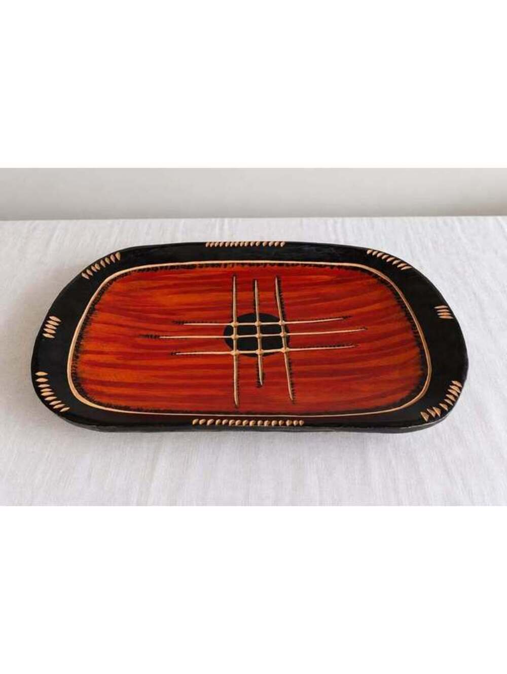 Vintage Emilio Signed Hand Carved Painted Wood Platter Folk Art MCM 14.5”